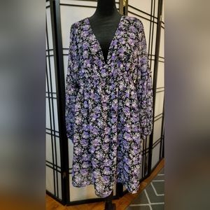 Divided H&M Purple Floral Print Dress V Neck Long Sleeve